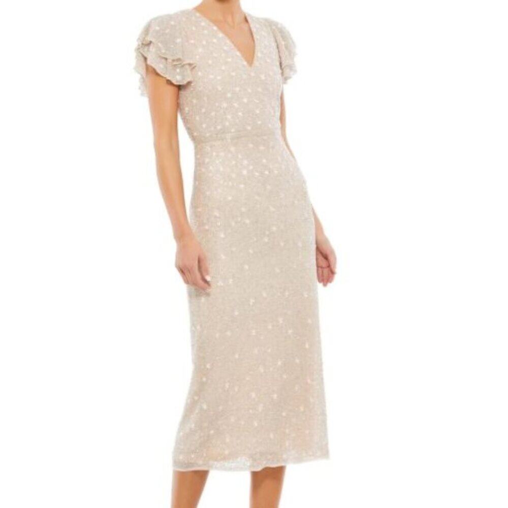 Mac Duggal 10810 Ruffle Sleeve Beaded Floral Design Dress Oyster Midi Dress NWT